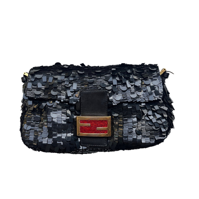 Fendi Baguette Multi-shape Black Sequins with Red Buckle