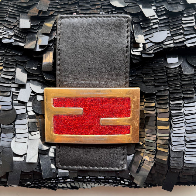 Fendi Baguette Multi-shape Black Sequins with Red Buckle