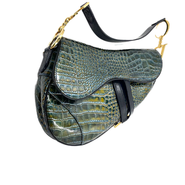 Sold Dior Saddle Green Medium Crocodile embossed Leather Handbag