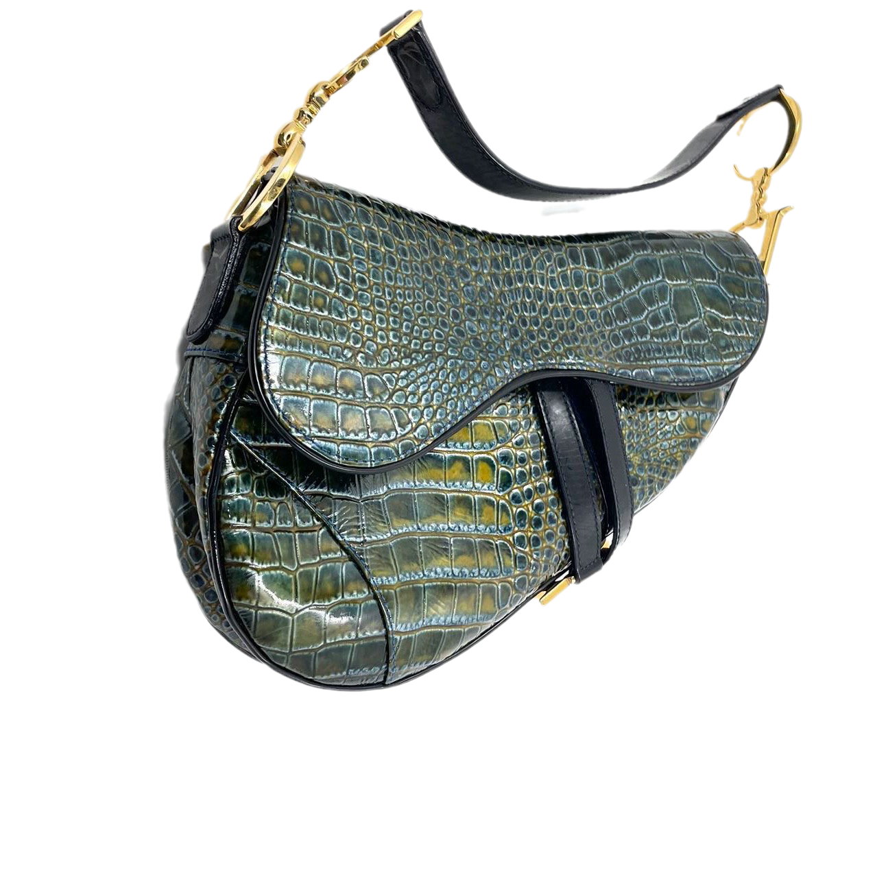 Sold Dior Saddle Green Medium Crocodile embossed Leather Handbag