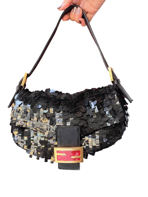 Fendi Baguette Multi-shape Black Sequins with Red Buckle