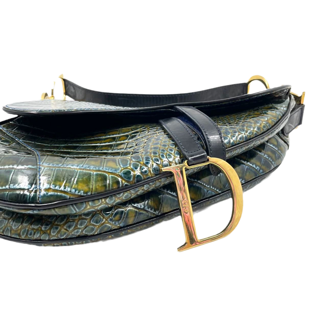 Sold Dior Saddle Green Medium Crocodile embossed Leather Handbag