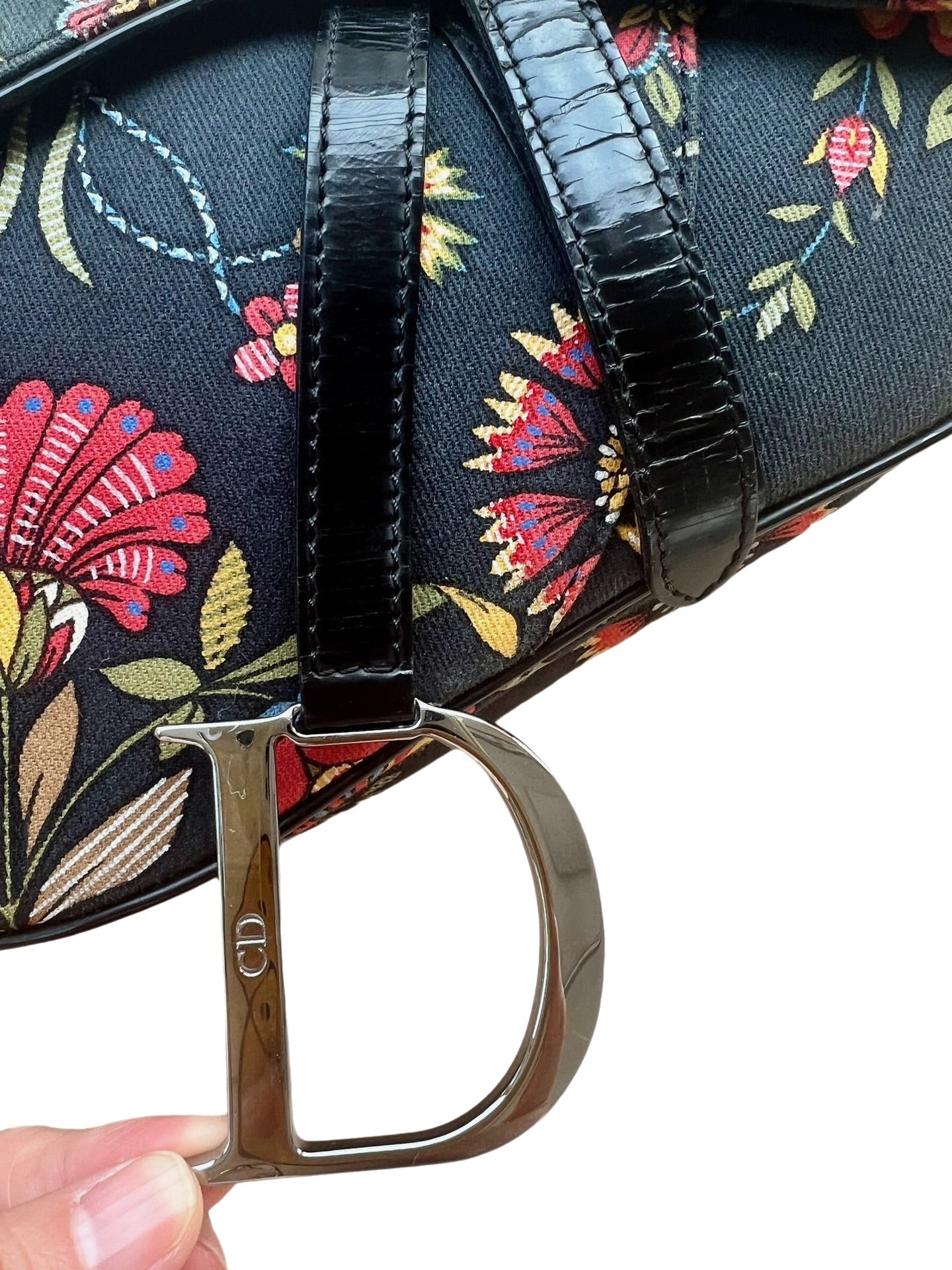 Dior Saddle Black Denim with Floral Embroidery John Galliano Design