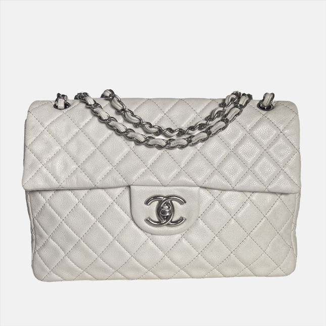Chanel Classic Flap Maxi Milk White Caviar Leather Silver-tone Hardware Giant CC Logo-Luxbags