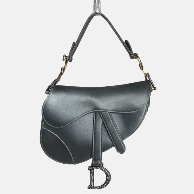 Dior Saddle Mini Silk Blue Grey with Crystal Embedded Buckles-Luxbags