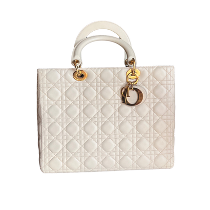 Sold Lady Dior Large Cream White Cannage Lambskin Leather handbag with Gold Hardware and Strap