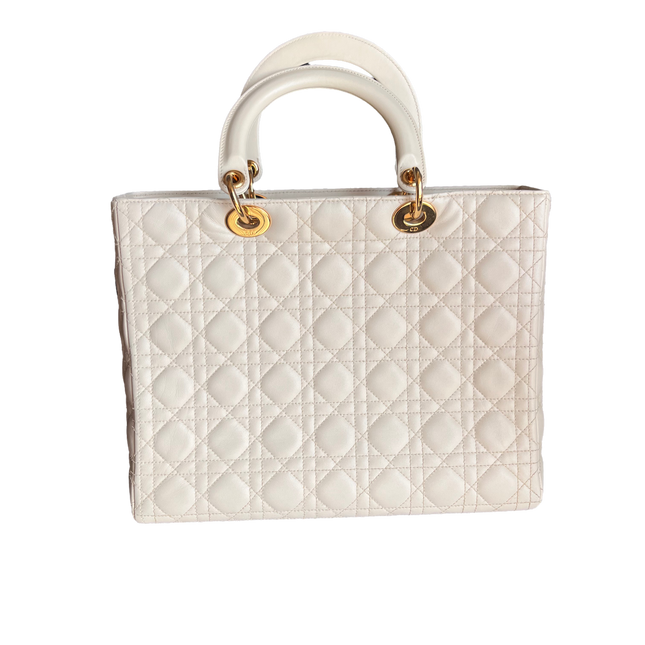 Sold Lady Dior Large Cream White Cannage Lambskin Leather handbag with Gold Hardware and Strap