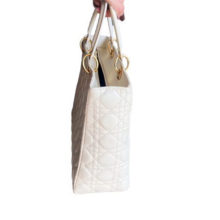 Sold Lady Dior Large Cream White Cannage Lambskin Leather handbag with Gold Hardware and Strap