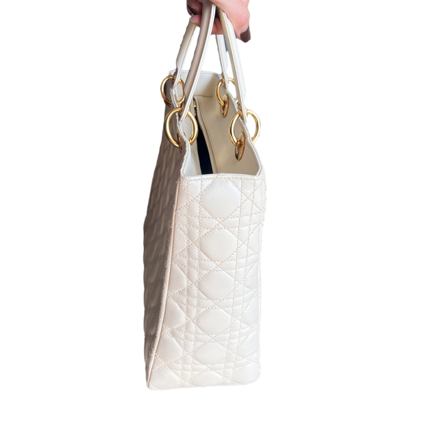 Sold Lady Dior Large Cream White Cannage Lambskin Leather handbag with Gold Hardware and Strap