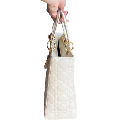 Sold Lady Dior Large Cream White Cannage Lambskin Leather handbag with Gold Hardware and Strap