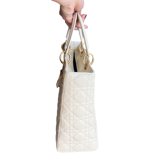 Sold Lady Dior Large Cream White Cannage Lambskin Leather handbag with Gold Hardware and Strap