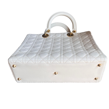 Sold Lady Dior Large Cream White Cannage Lambskin Leather handbag with Gold Hardware and Strap