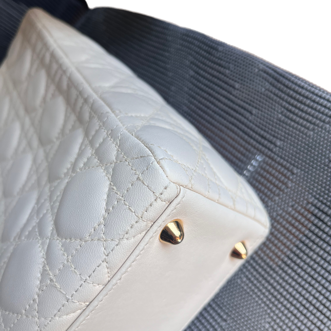 Sold Lady Dior Large Cream White Cannage Lambskin Leather handbag with Gold Hardware and Strap