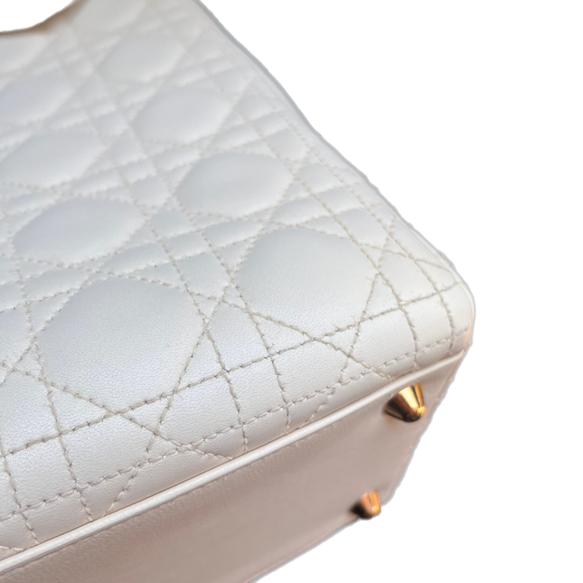 Sold Lady Dior Large Cream White Cannage Lambskin Leather handbag with Gold Hardware and Strap