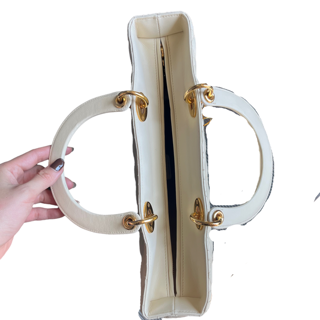 Sold Lady Dior Large Cream White Cannage Lambskin Leather handbag with Gold Hardware and Strap