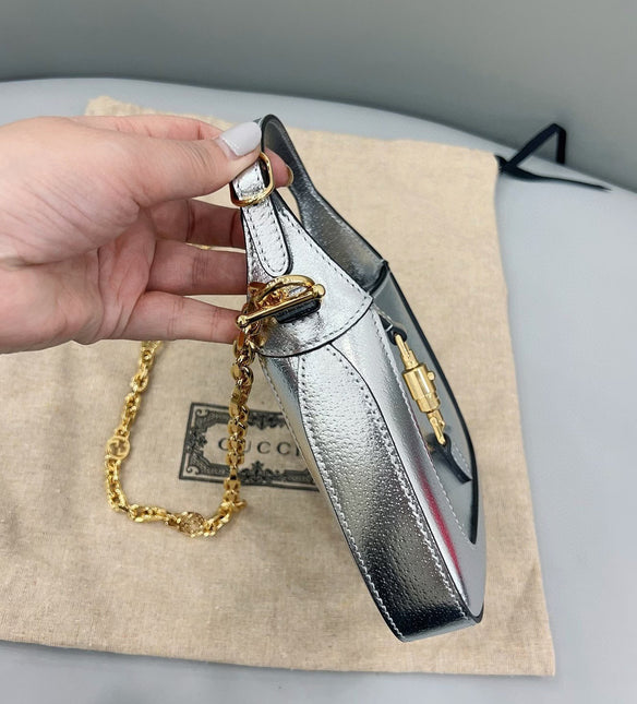 Sold Gucci Jackie 1961 Mini Silver Lamé Leather Bag with Chain Strap