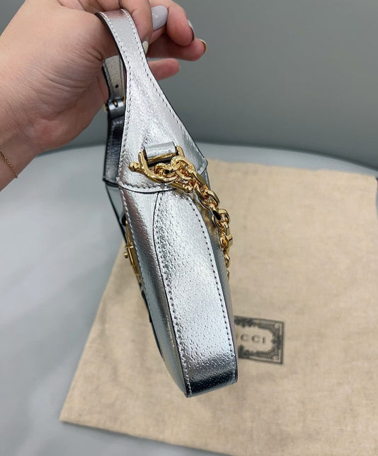 Sold Gucci Jackie 1961 Mini Silver Lamé Leather Bag with Chain Strap