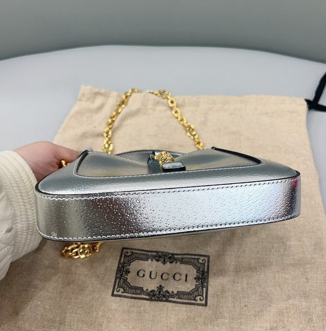 Sold Gucci Jackie 1961 Mini Silver Lamé Leather Bag with Chain Strap