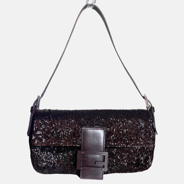 Fendi Baguette Vintage Chocolate Brown Glitter Beads-Luxbags