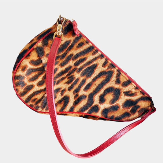 Dior Saddle Vintage Classic Leopard Print Ponyhair Calfskin leather red strap zip opening