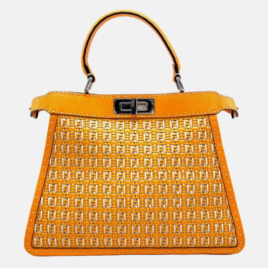 Fendi Peekaboo ISeeU Sellier Orange / White Interlace Leather Medium Top Handle Bag-Luxbags