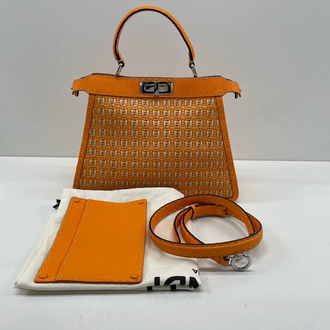 Fendi Peekaboo ISeeU Sellier Orange White Interlace Leather Medium T Luxbags