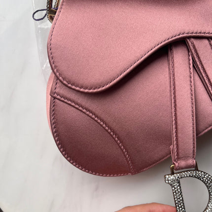 Sold Dior Saddle Mini Silk Satin Rose Pink with Crystal Buckle