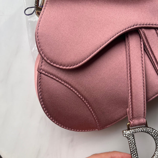 Sold Dior Saddle Mini Silk Satin Rose Pink with Crystal Buckle