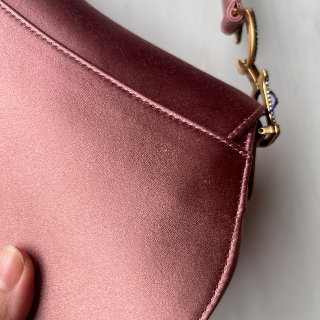 Sold Dior Saddle Mini Silk Satin Rose Pink with Crystal Buckle