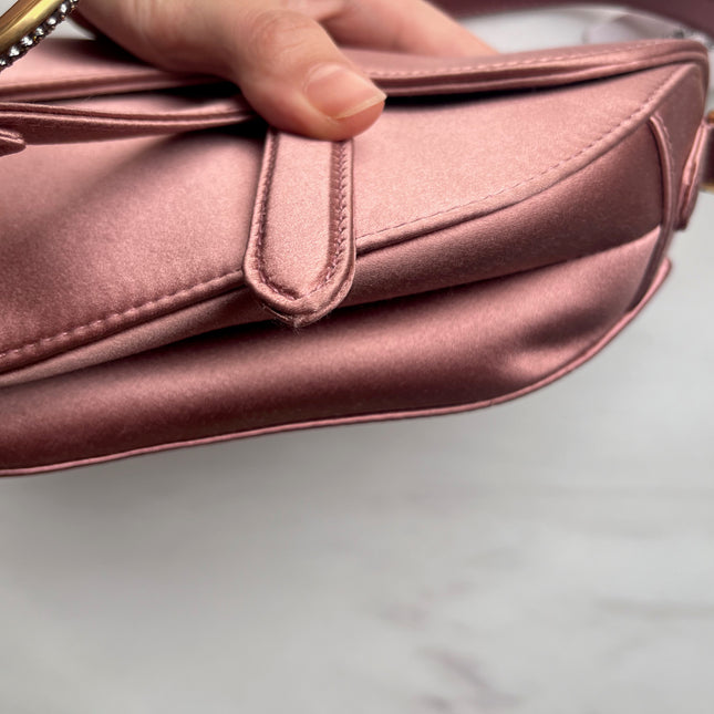 Sold Dior Saddle Mini Silk Satin Rose Pink with Crystal Buckle