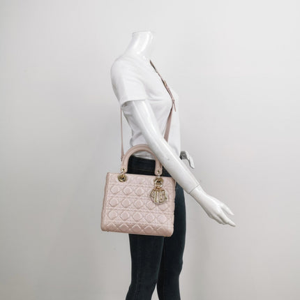 Lady Dior Medium Handbag Pearlescent Pink Cannage Leather Gold Hardware