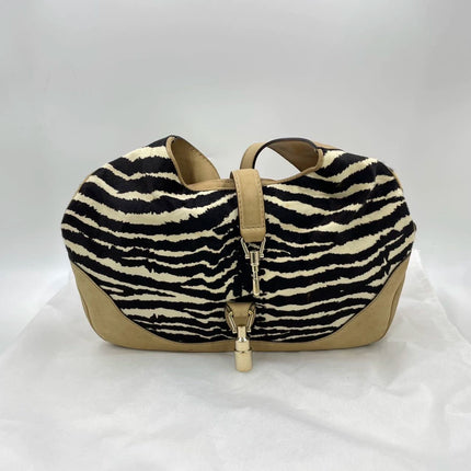 Gucci Jackie Soft Medium Zebra Print Pony-style Calfskin and Beige Suede Silver HW