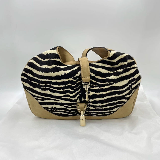 Gucci Jackie Soft Medium Zebra Print Pony-style Calfskin and Beige Suede Silver HW