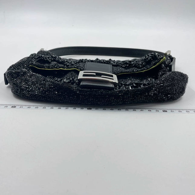 Sold Fendi Baguette Black Beaded Shoulder Bag with Stones in Wave Pattern