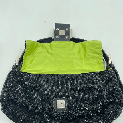 Sold Fendi Baguette Black Beaded Shoulder Bag with Stones in Wave Pattern