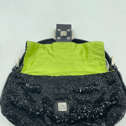 Fendi Baguette Black Beaded Shoulder Bag with Stones in Wave Pattern