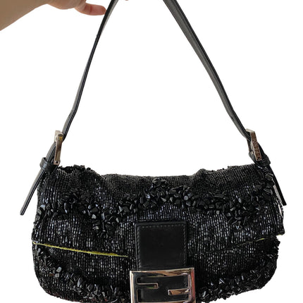 Fendi Baguette Black Beaded Shoulder Bag with Stones in Wave Pattern