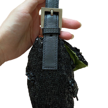 Sold Fendi Baguette Black Beaded Shoulder Bag with Stones in Wave Pattern