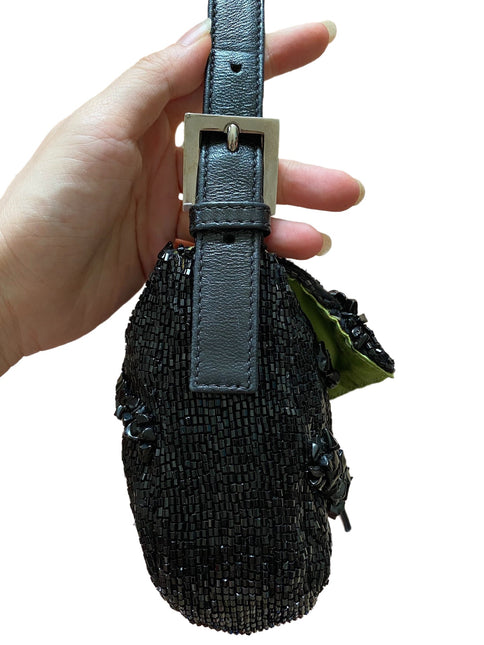 Sold Fendi Baguette Black Beaded Shoulder Bag with Stones in Wave Pattern
