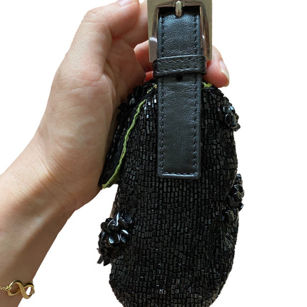 Sold Fendi Baguette Black Beaded Shoulder Bag with Stones in Wave Pattern