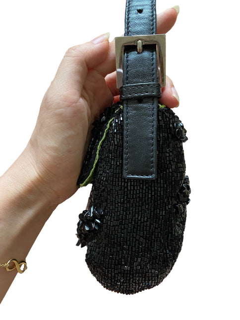 Sold Fendi Baguette Black Beaded Shoulder Bag with Stones in Wave Pattern