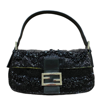 Sold Fendi Baguette Black Beaded Shoulder Bag with Stones in Wave Pattern