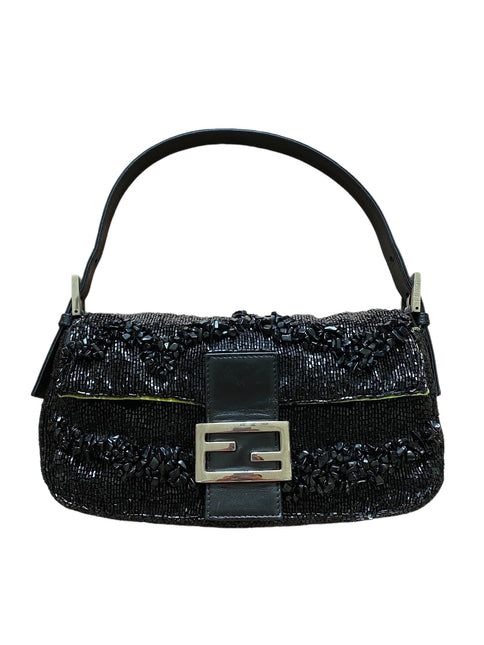 Sold Fendi Baguette Black Beaded Shoulder Bag with Stones in Wave Pattern