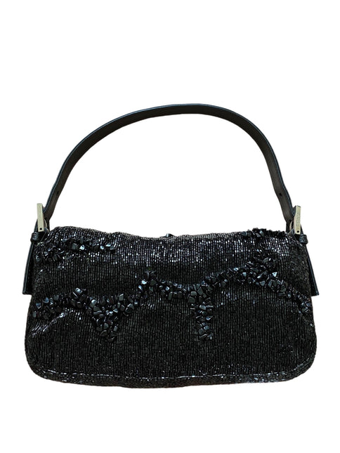Sold Fendi Baguette Black Beaded Shoulder Bag with Stones in Wave Pattern