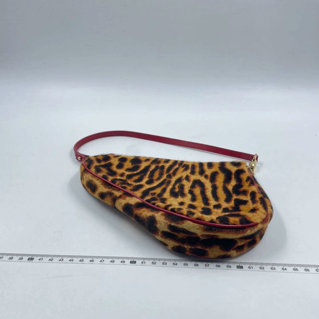 Dior Saddle Vintage Classic Leopard Print Ponyhair Calfskin leather red strap zip opening