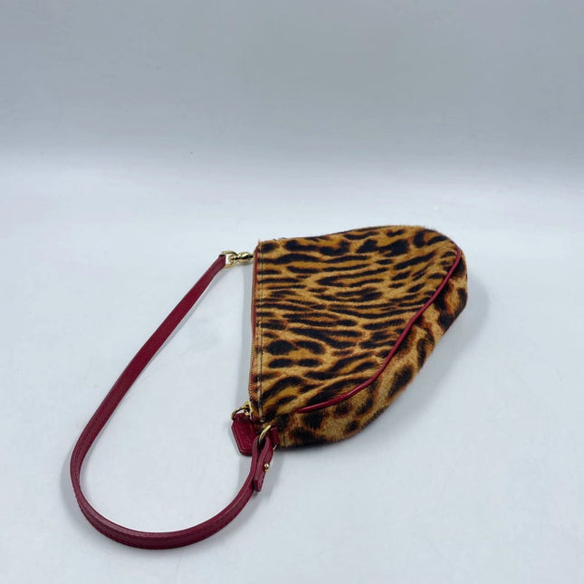 Dior Saddle Vintage Classic Leopard Print Ponyhair Calfskin leather red strap zip opening