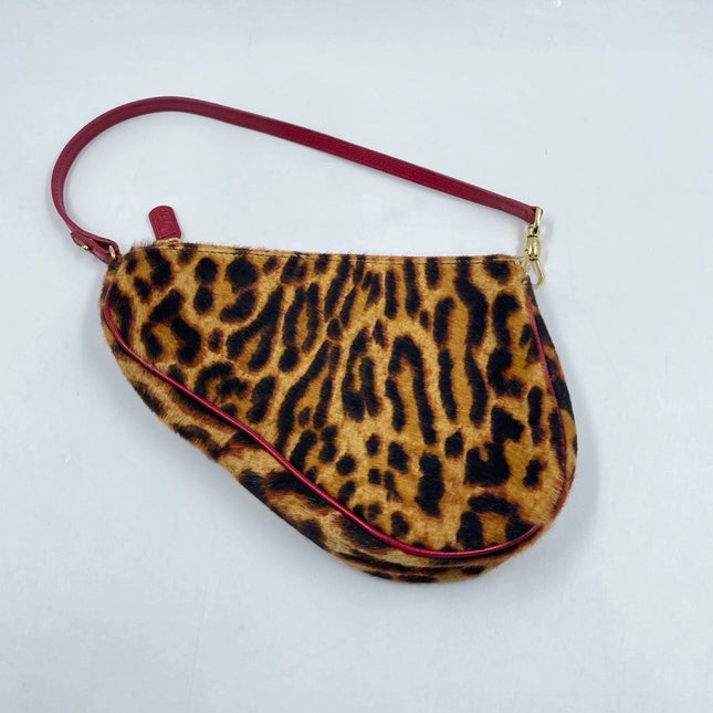 Dior Saddle Vintage Classic Leopard Print Ponyhair Calfskin leather red strap zip opening
