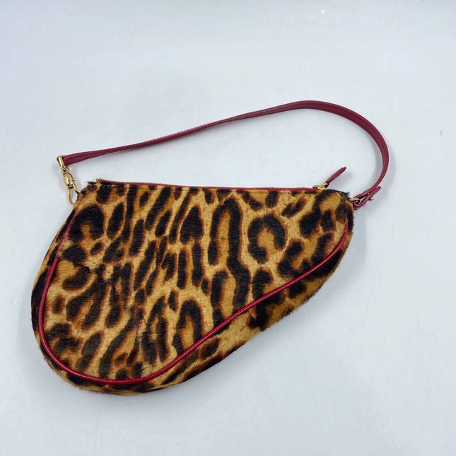 Dior Saddle Vintage Classic Leopard Print Ponyhair Calfskin leather red strap zip opening