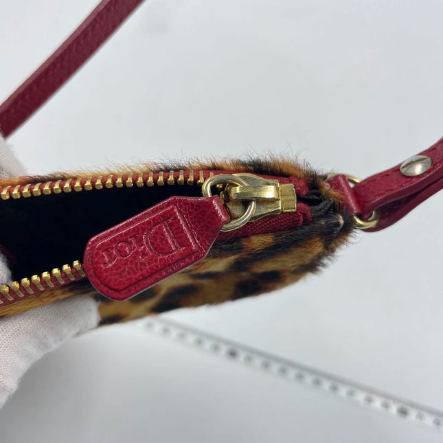 Dior Saddle Vintage Classic Leopard Print Ponyhair Calfskin leather red strap zip opening