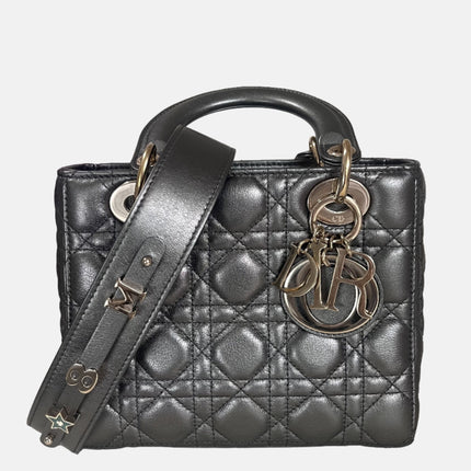 Lady Dior Small ABCdior Gunmetal Grey Cannage Lambskin Handbag with ABC Strap-Luxbags